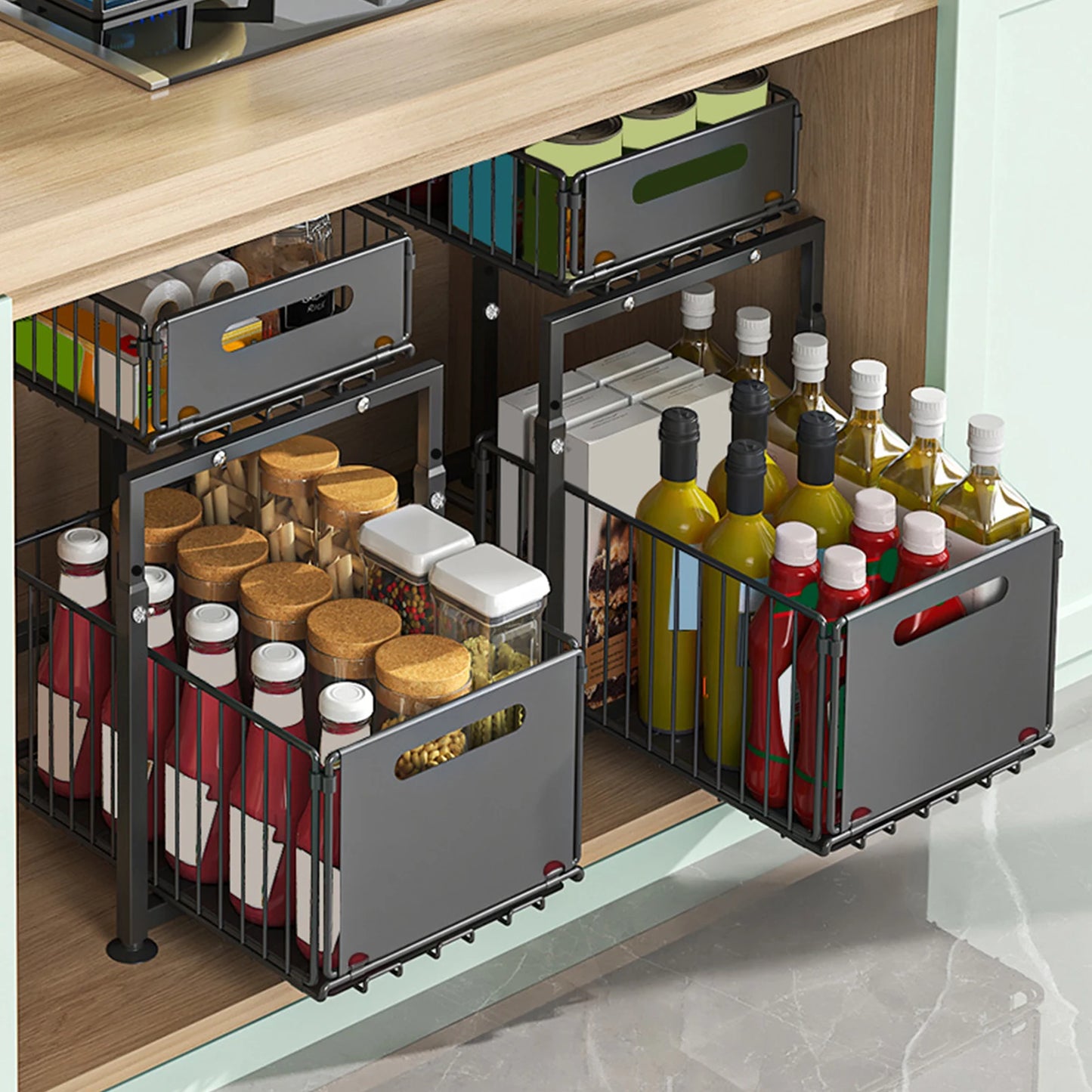 Under-cabinet organizer with various bottles and containers in a kitchen setting