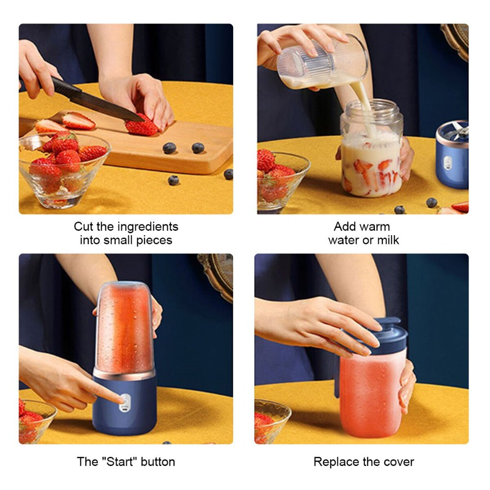 Step-by-step process of using a portable blender with ingredients on a table.