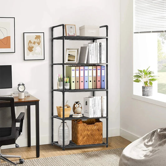 Black metal bookshelf with books and decorative items in a home office setting.