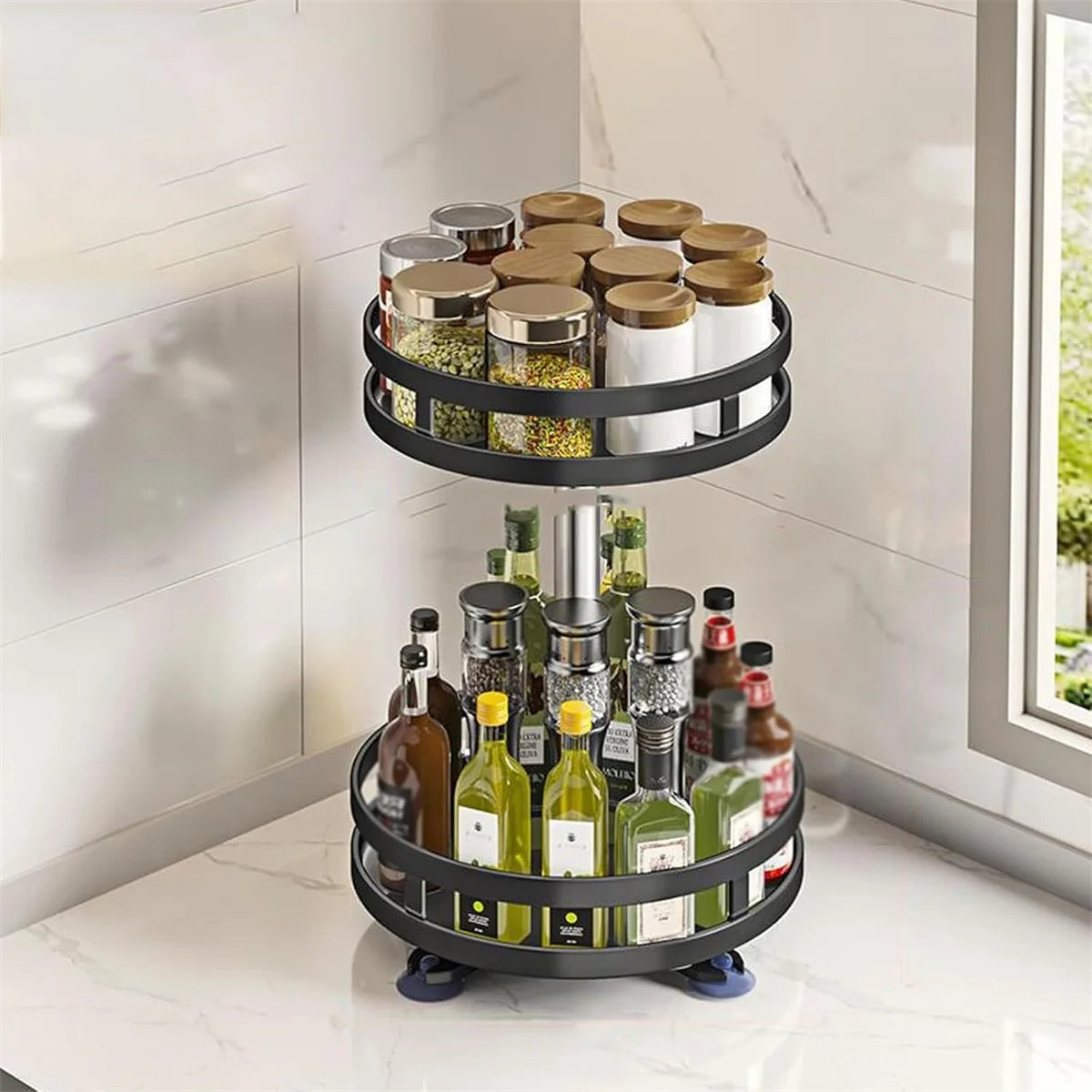 Spice and bottle organizer on a kitchen counter with a window in the background