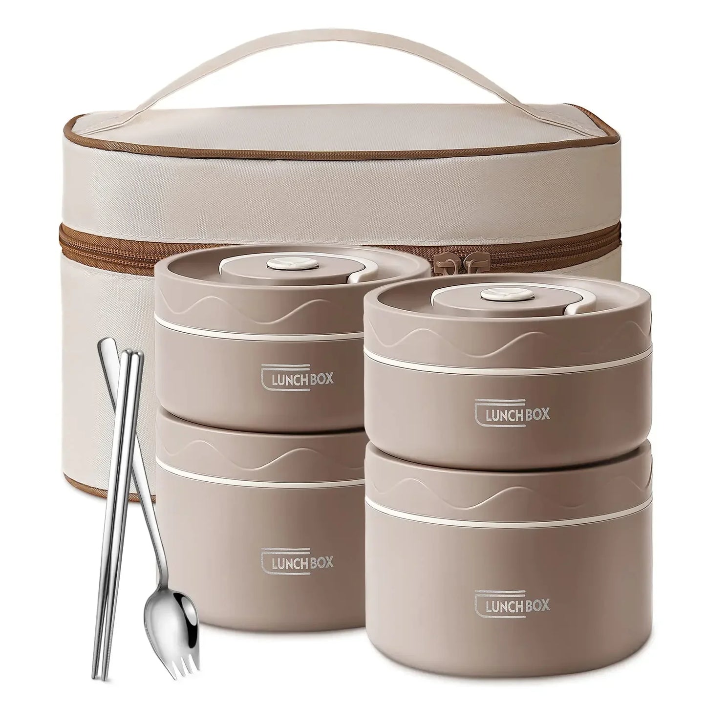 Set of beige lunch boxes with handles, lids, and silver utensils on a white background