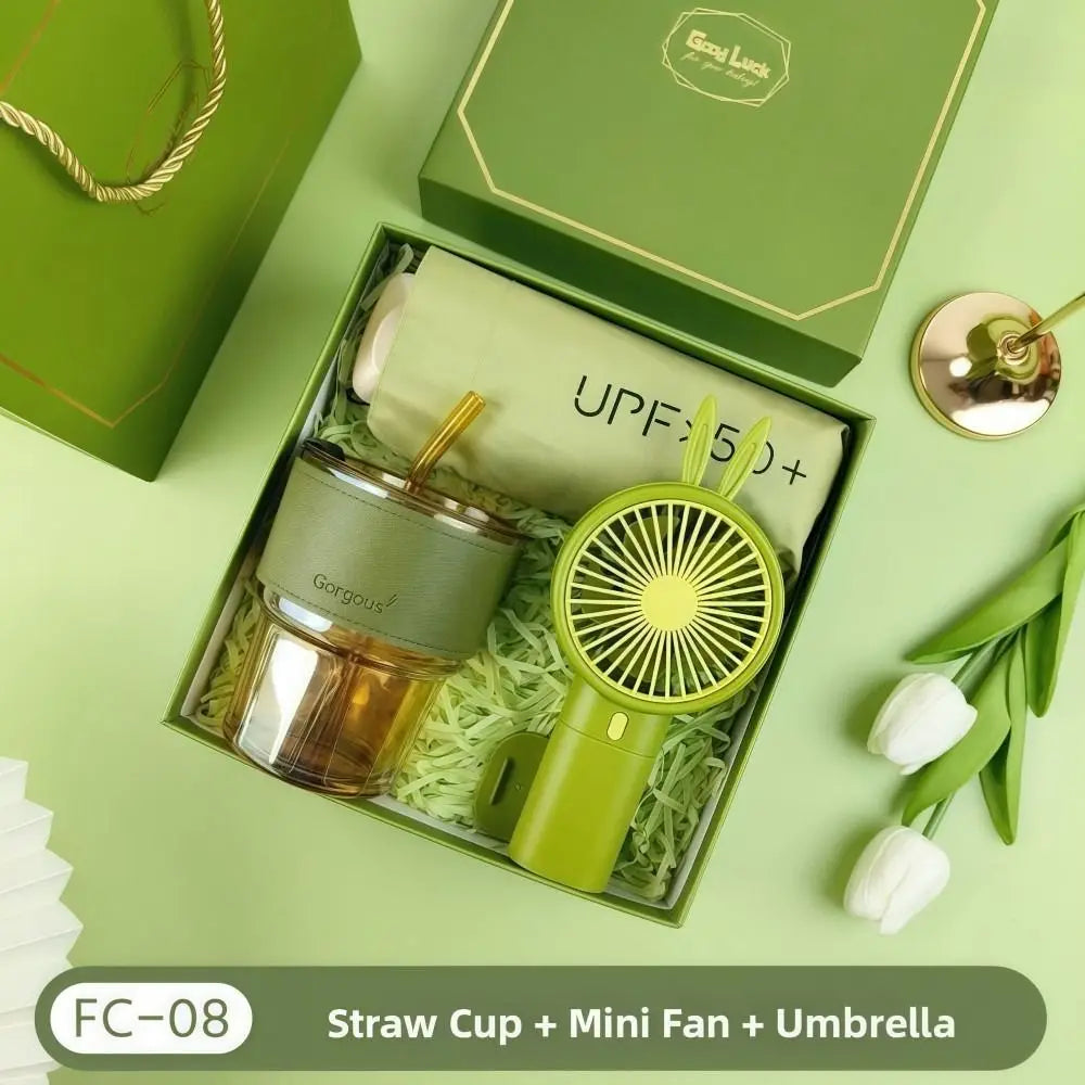 Summer Gift Set – Insulated Water Bottle Mini Fan & UPF 50+ Sun Umbrella