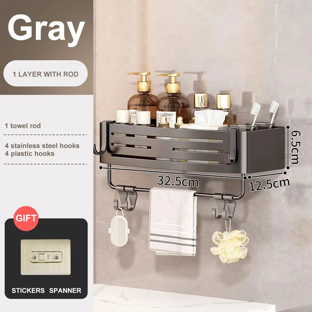 Bathroom wall shelf with hooks and measurements on a gray background