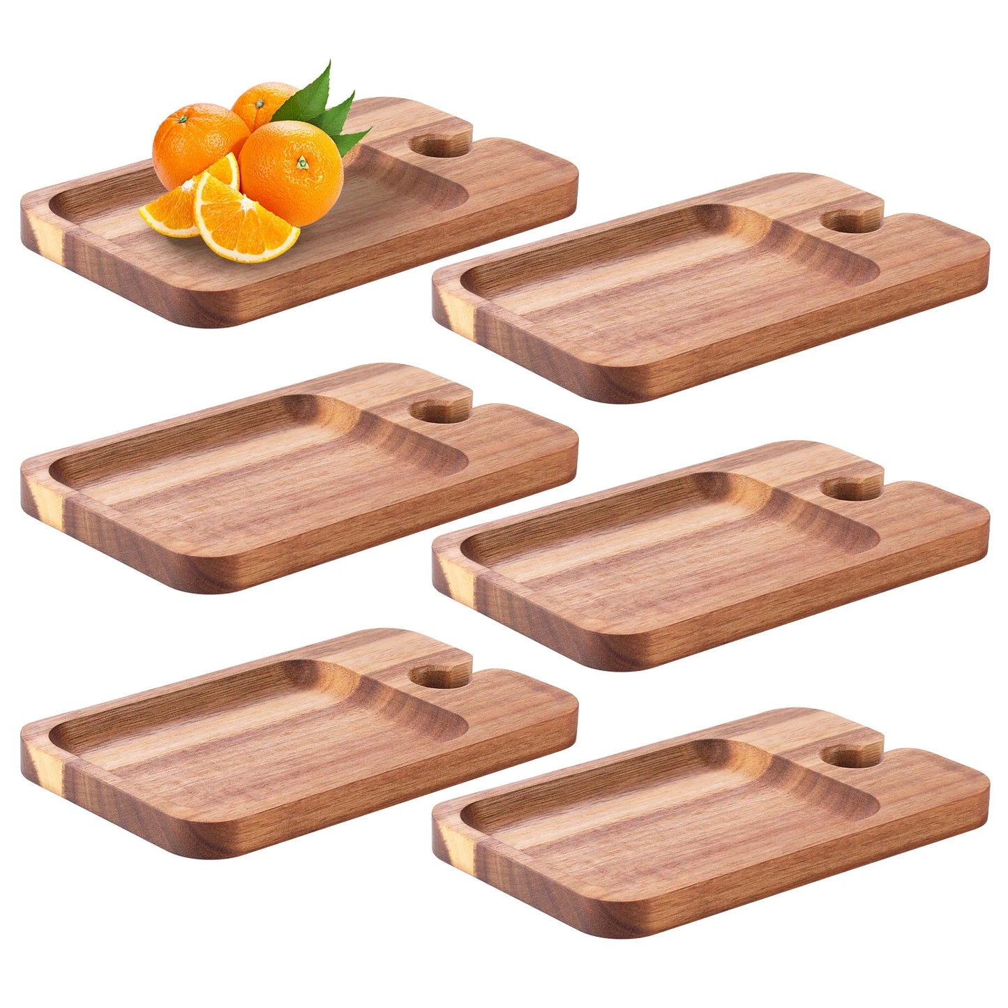Set of six wooden trays with a small bunch of oranges on a white background