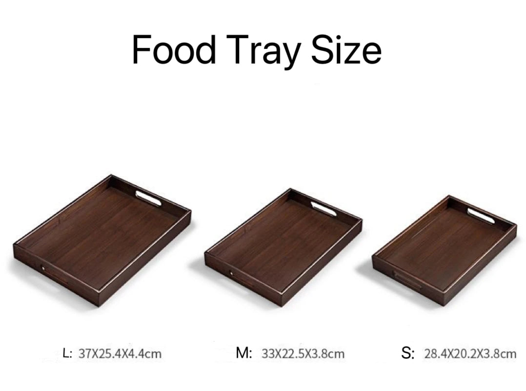 Three wooden food trays with measurements labeled on a white background.