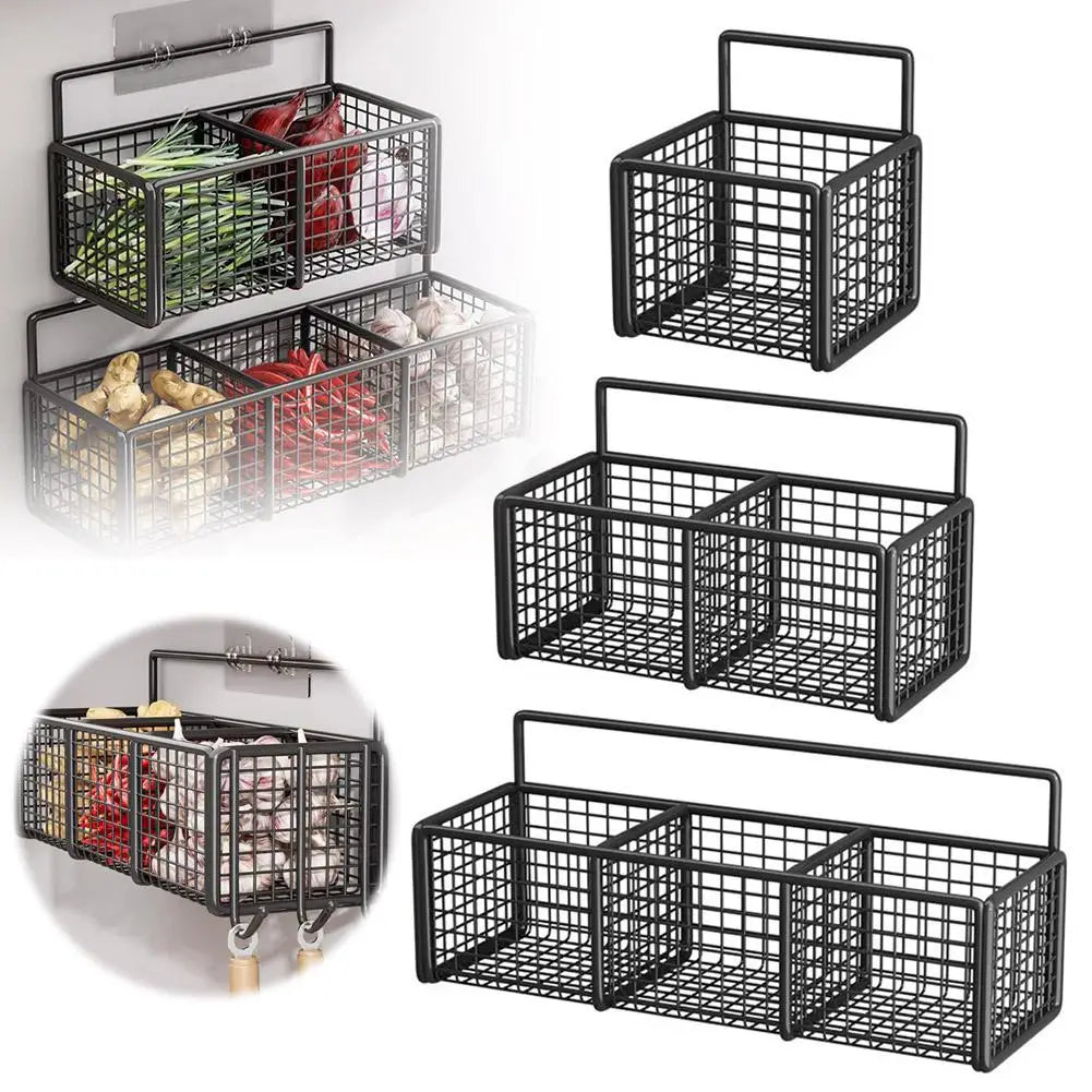 Kitchen Storage Baskets with 1/2/3 Compartments Punch-Free Spice Rack Wall Mount Ginger Garlic Separation Storage