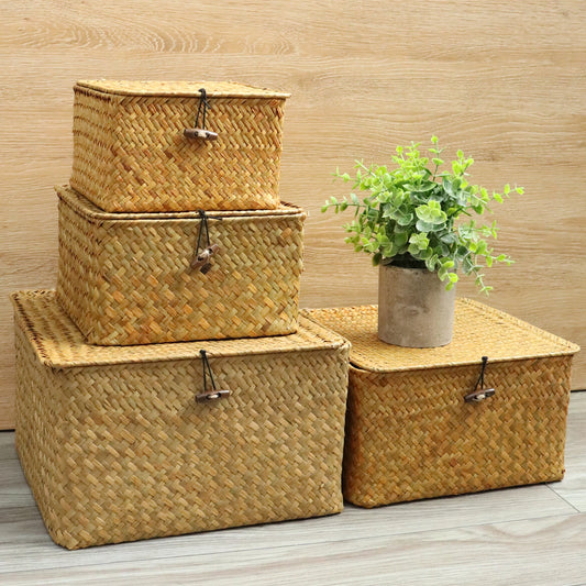 Set of 4 Seagrass Storage Baskets with Lids Woven Organizer Boxes