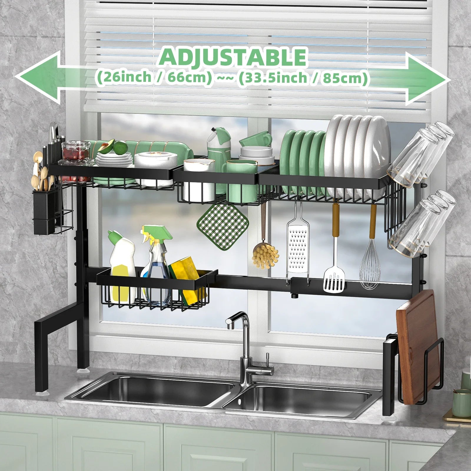 Kitchen dish drying rack with adjustable dimensions over a sink.