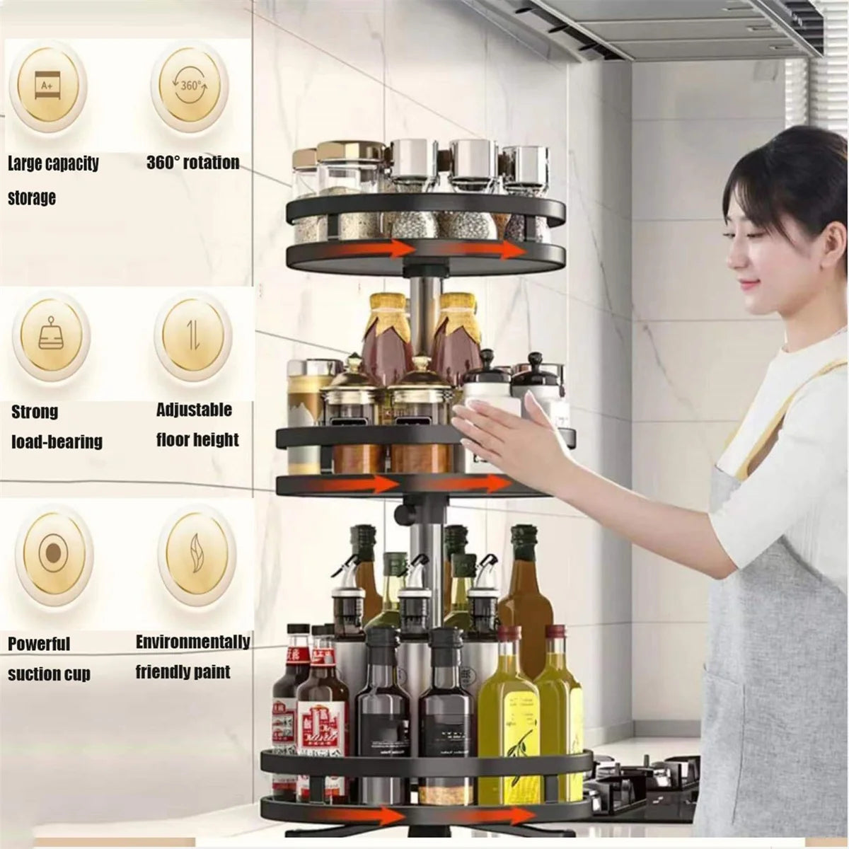 Woman using a multi-tiered kitchen storage rack with various bottles on a white wall background.