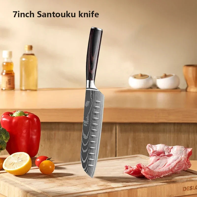 Professional Laser Knife Set, Chef, Santoku, Cleaver & Boning Knife