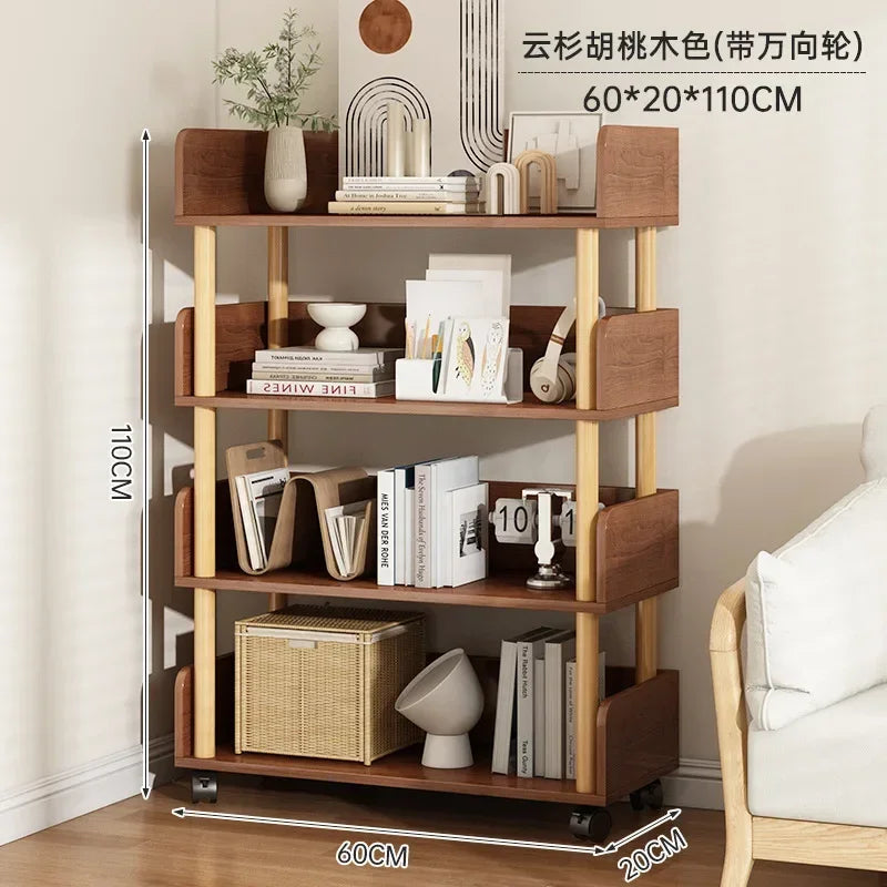 Wooden bookshelf with various items against a neutral wall