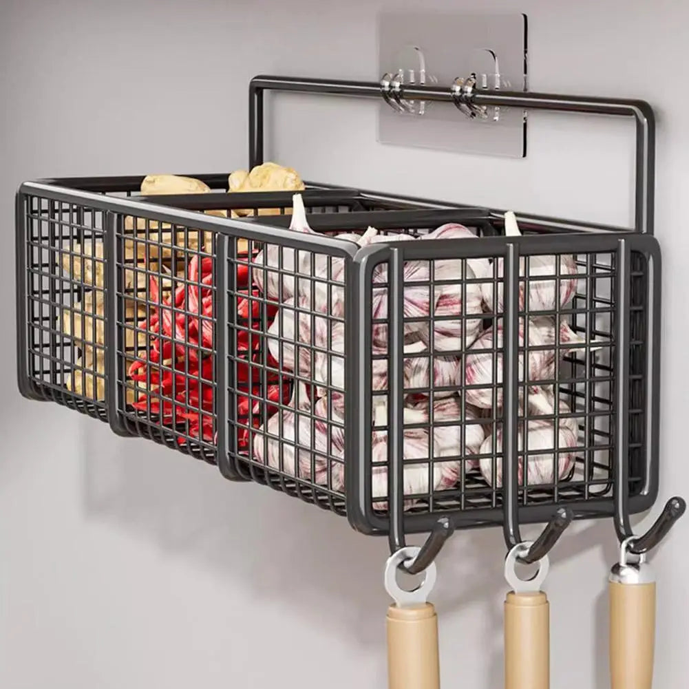 Kitchen Storage Baskets with 1/2/3 Compartments Punch-Free Spice Rack Wall Mount Ginger Garlic Separation Storage