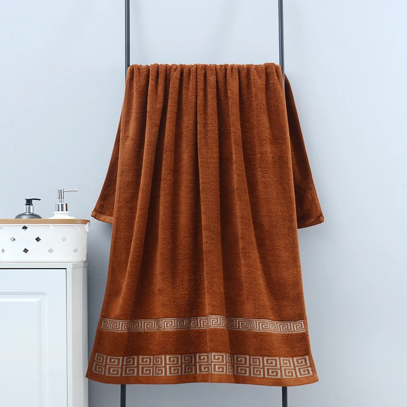 Brown towel with decorative border hanging on a rack against a light blue wall.