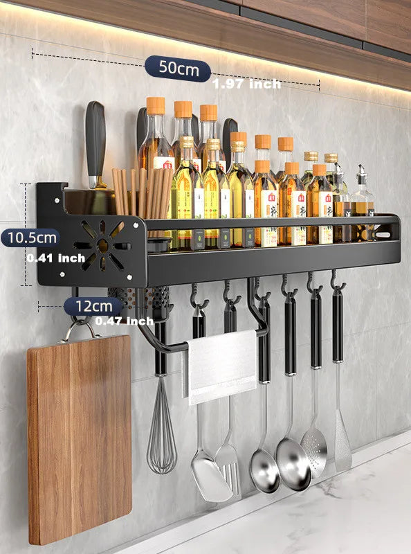 Wall-Mounted Kitchen Organizer Shelf with Knife Holder & Spice Rack