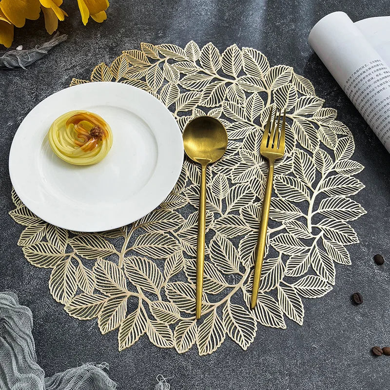 15" Gold Leaf Round Placemats Set of 6 – Non-Slip Wipeable Mats