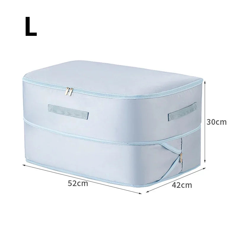 Light blue storage bag with dimensions on a white background
