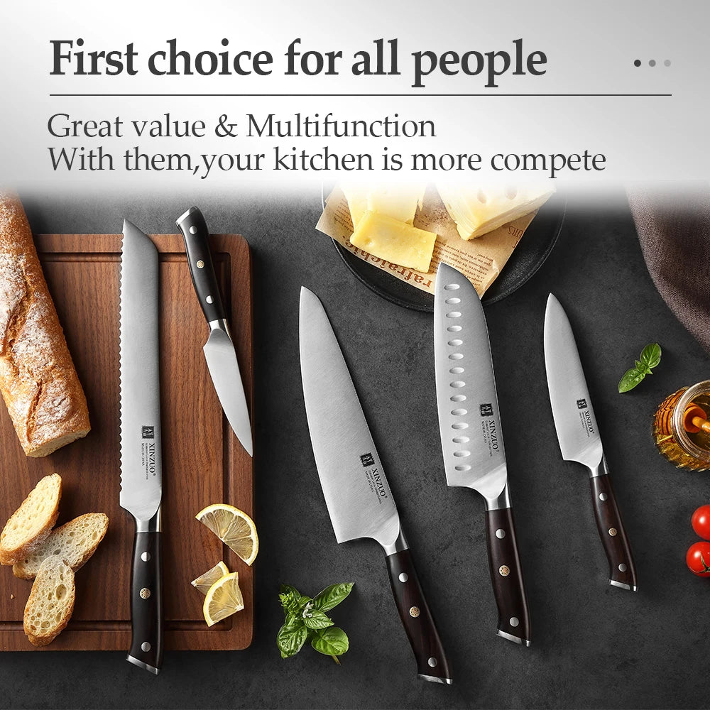 Set of knives on a dark surface with bread and lemon slices, promotional text above.