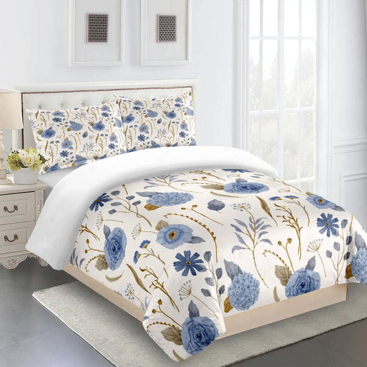Bed with floral comforter and pillows in a bedroom setting