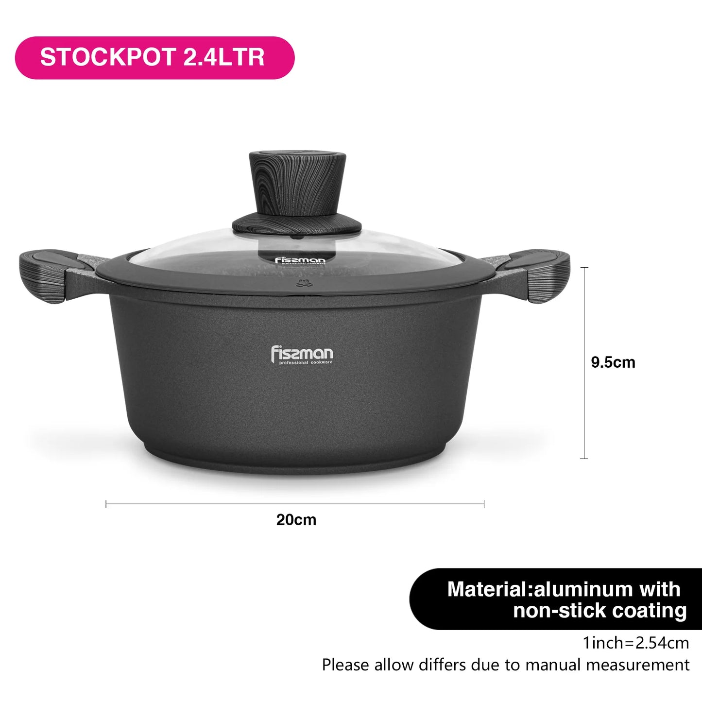 Black stockpot with lid and measurements on a white background