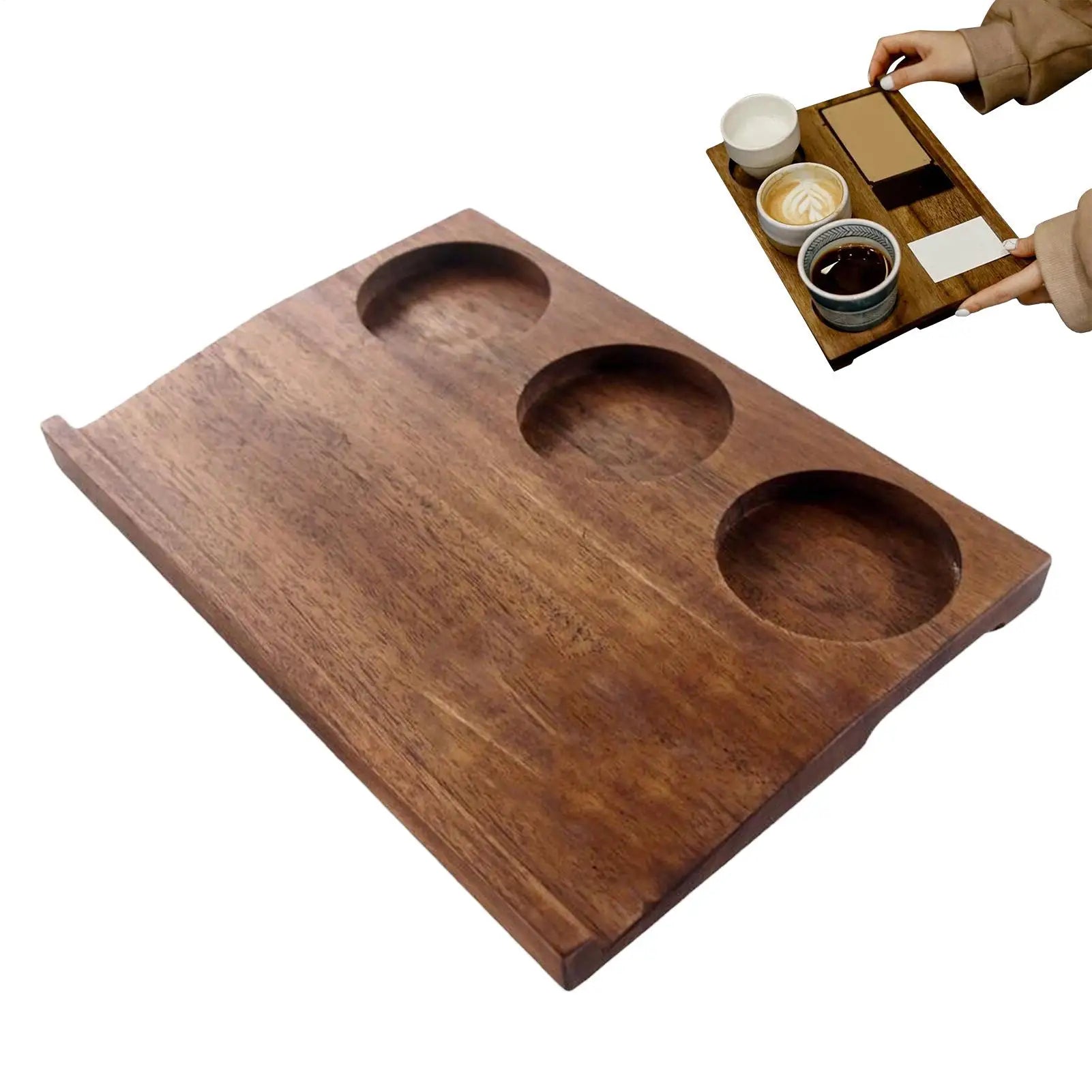 Wooden tray with compartments holding a coffee set on a white background