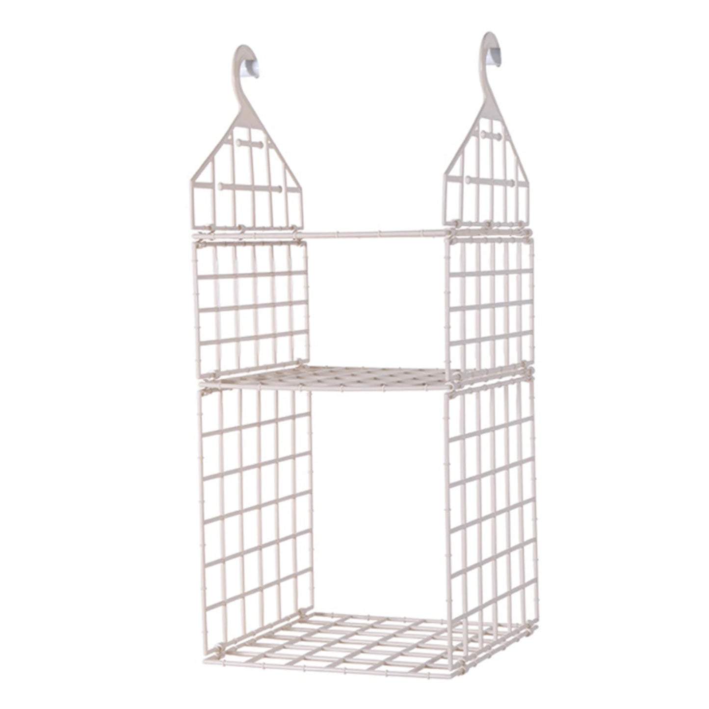 Metal wall-mounted shelf with grid design on a white background