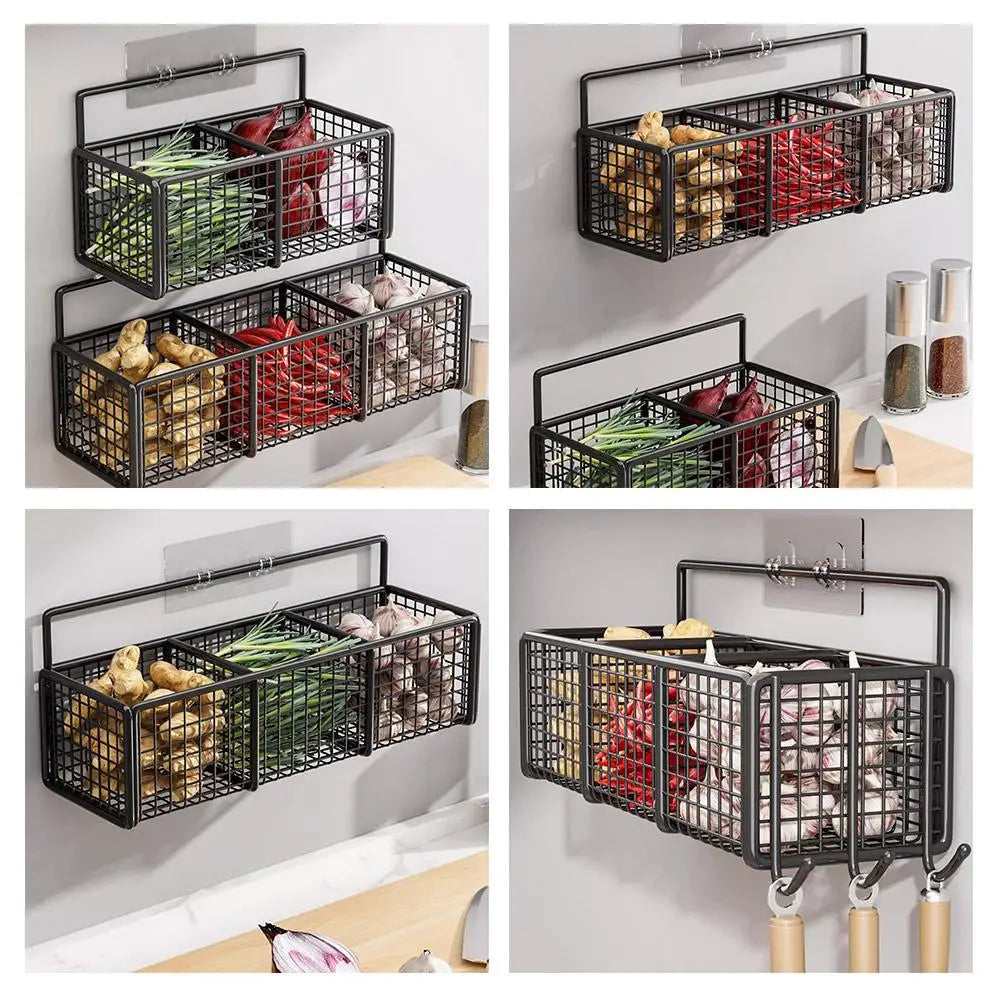 Kitchen Storage Baskets with 1/2/3 Compartments Punch-Free Spice Rack Wall Mount Ginger Garlic Separation Storage