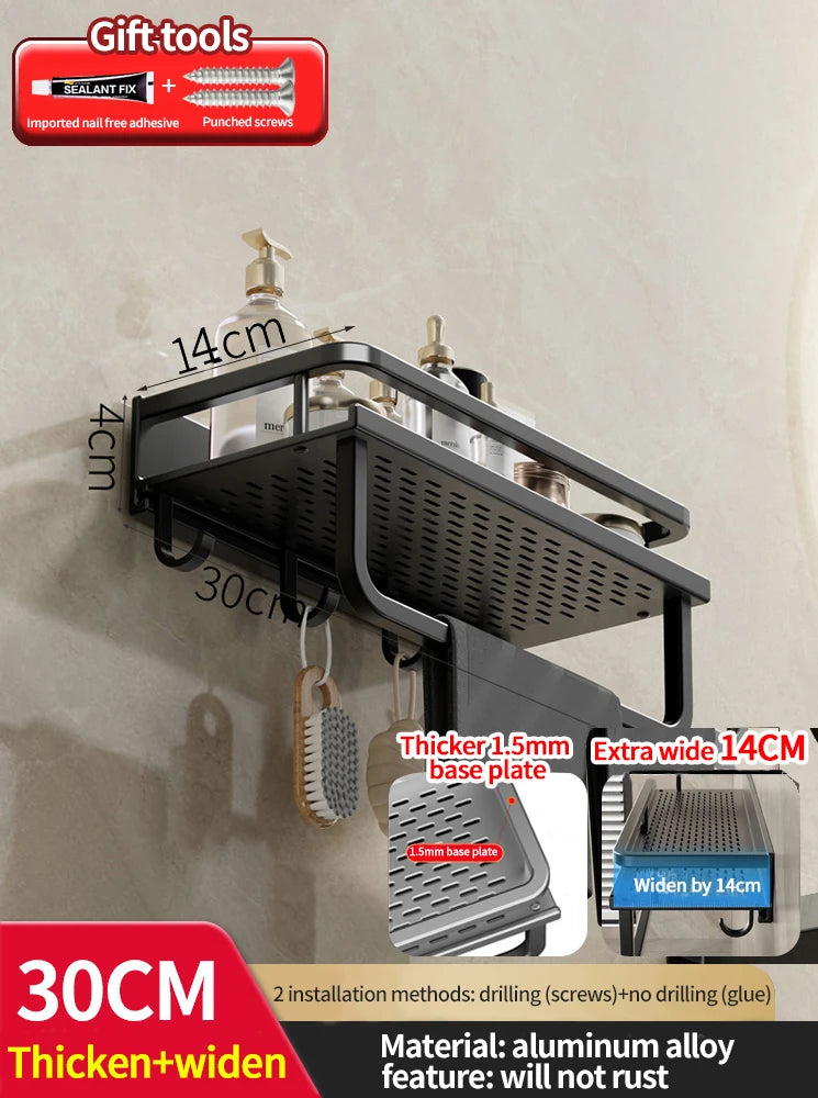 Wall-mounted bathroom shelf with hooks and measurements on a neutral background