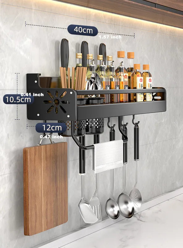 Wall-Mounted Kitchen Organizer Shelf with Knife Holder & Spice Rack