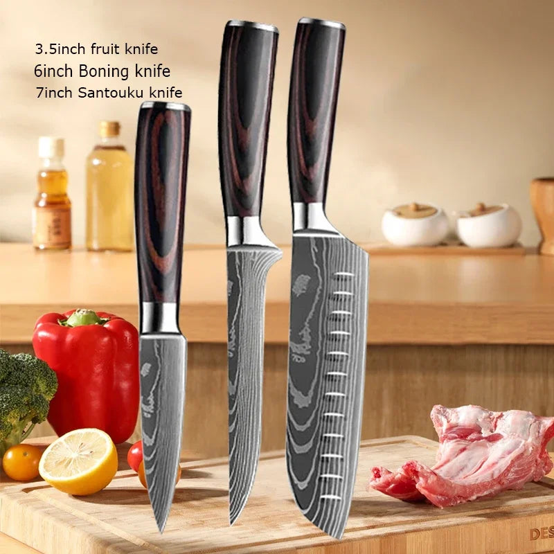 Professional Laser Knife Set, Chef, Santoku, Cleaver & Boning Knife
