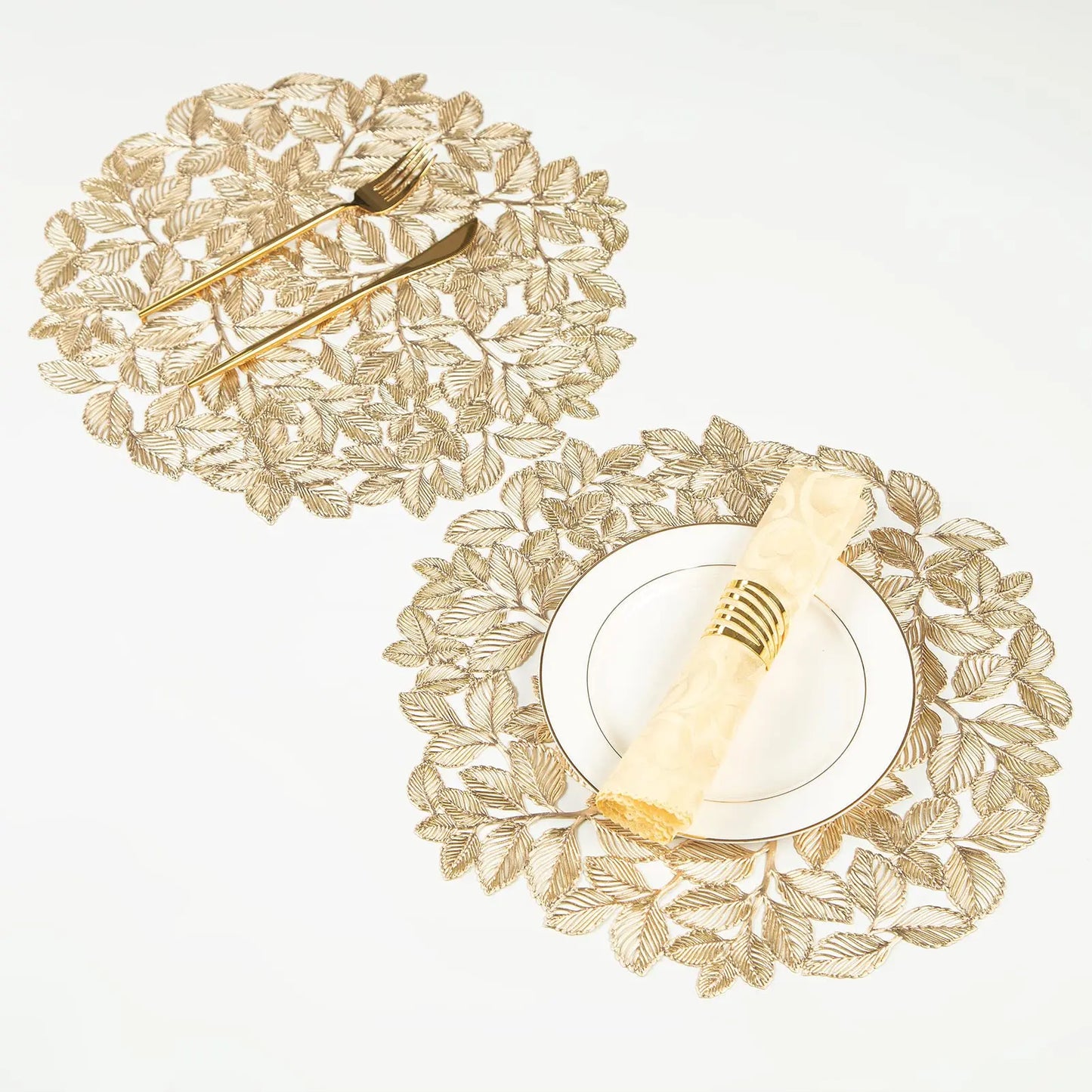 15" Gold Leaf Round Placemats Set of 6 – Non-Slip Wipeable Mats