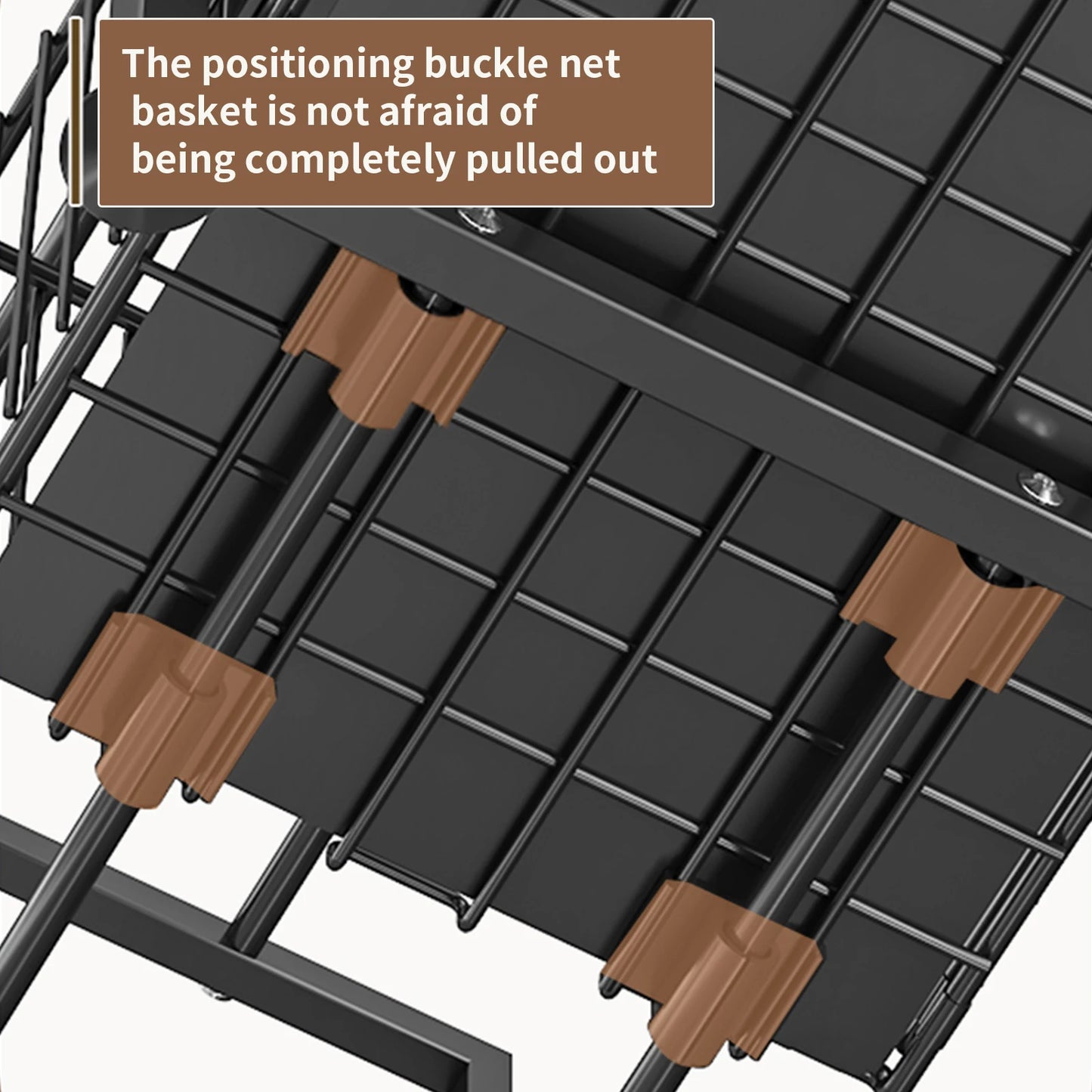 Close-up of a black wire basket with brown positioning buckles on a white background.