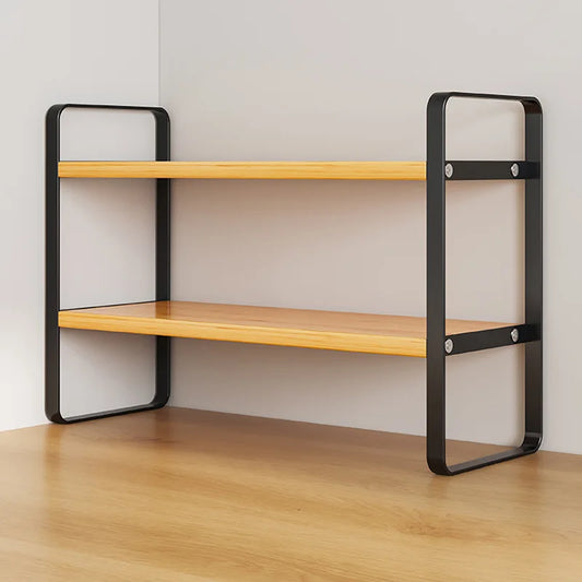Wooden shelf with black metal frame against a white wall