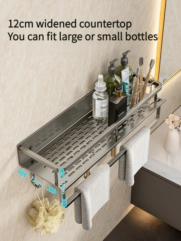 Bathroom shelf with various items on a beige wall
