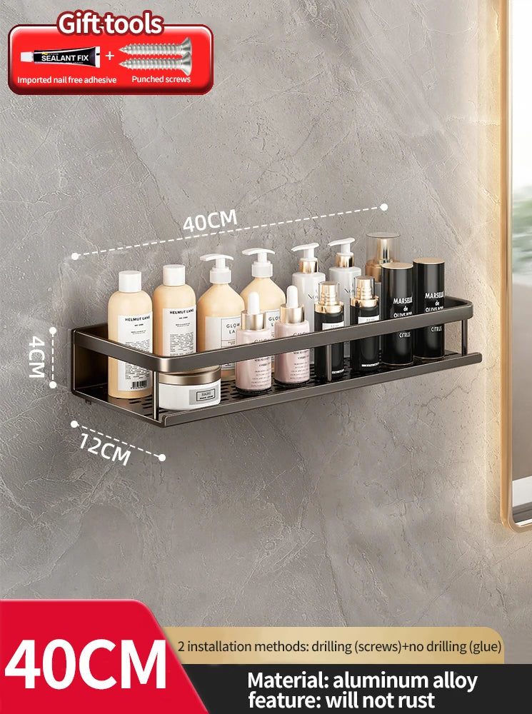 Wall-mounted shelf with various bottles on a gray wall, featuring dimensions and material information.