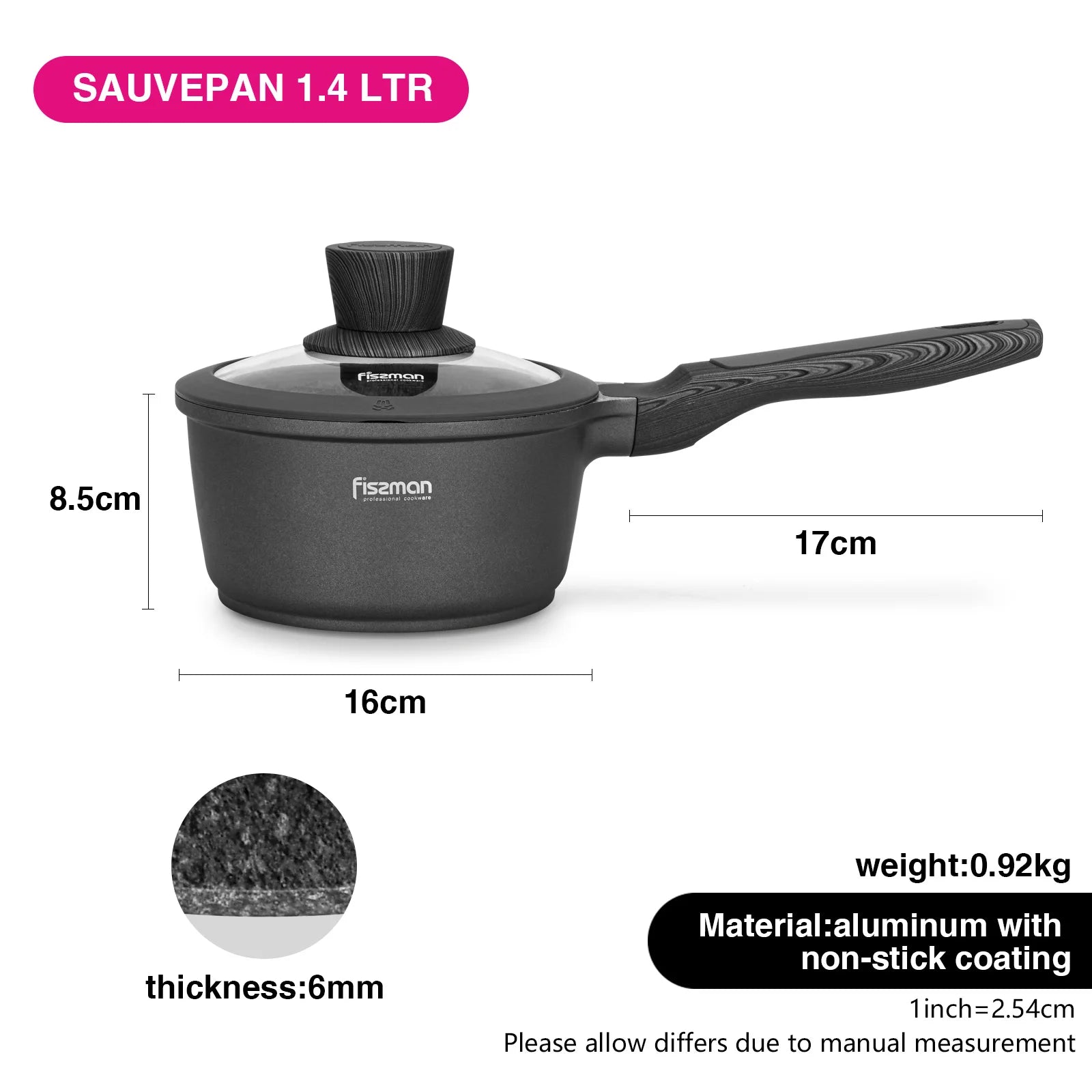 Black saucepan with lid and measurements on a white background