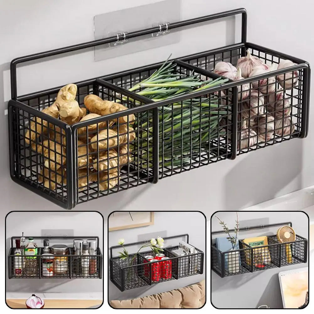 Kitchen Storage Baskets with 1/2/3 Compartments Punch-Free Spice Rack Wall Mount Ginger Garlic Separation Storage