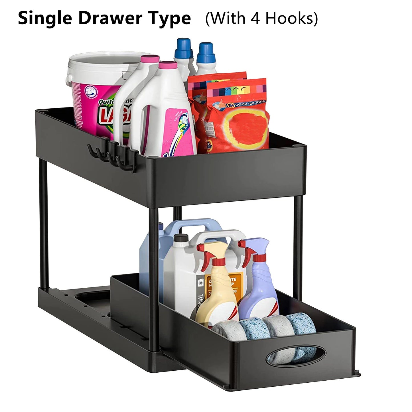 2-Tier Under Sink Organizer Sliding Cabinet Rack with Hooks