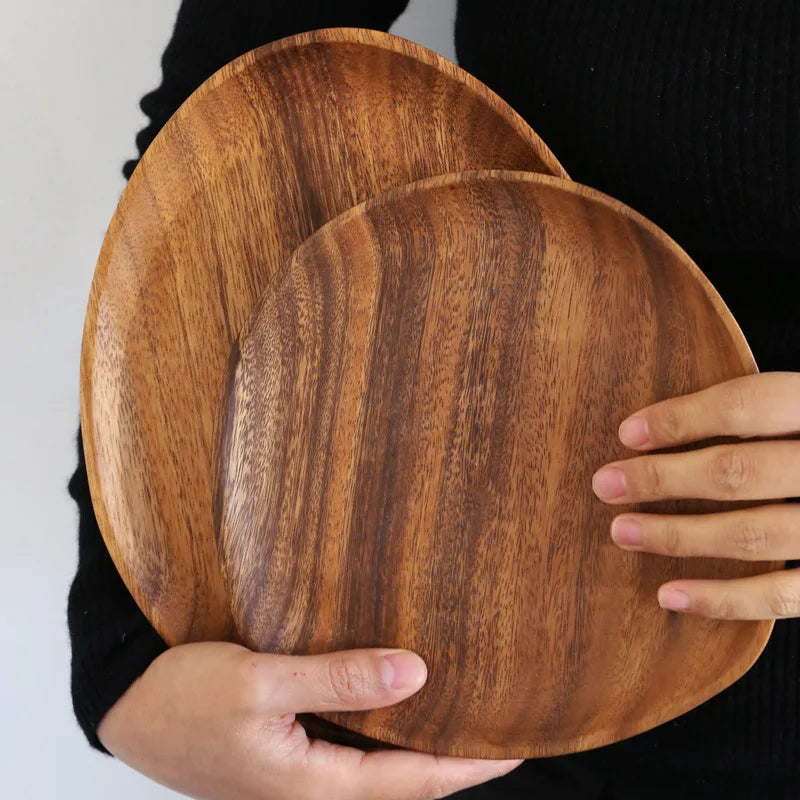 Solid Wood Dinner Plates – Irregular Oval Serving Tray for Fruits & Sushi