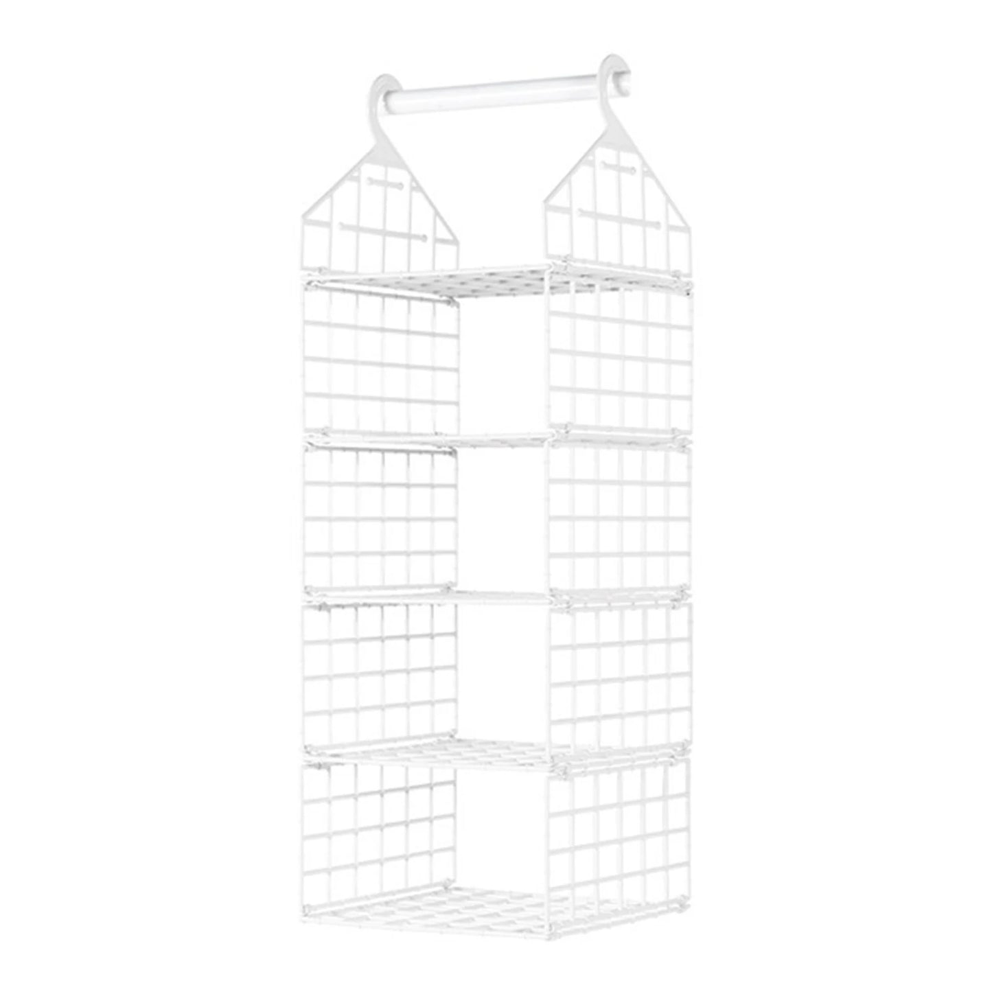 White metal hanging organizer with multiple shelves on a white background