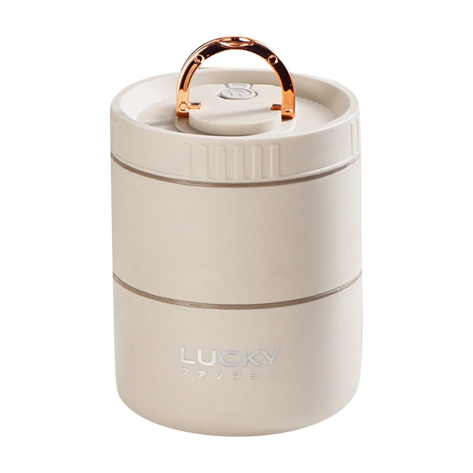 Beige food container with rose gold handle and 'LUCKY' branding on a white background