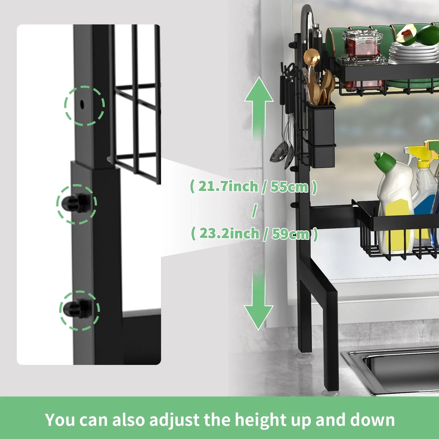 Kitchen rack with adjustable height feature shown in a kitchen setting.