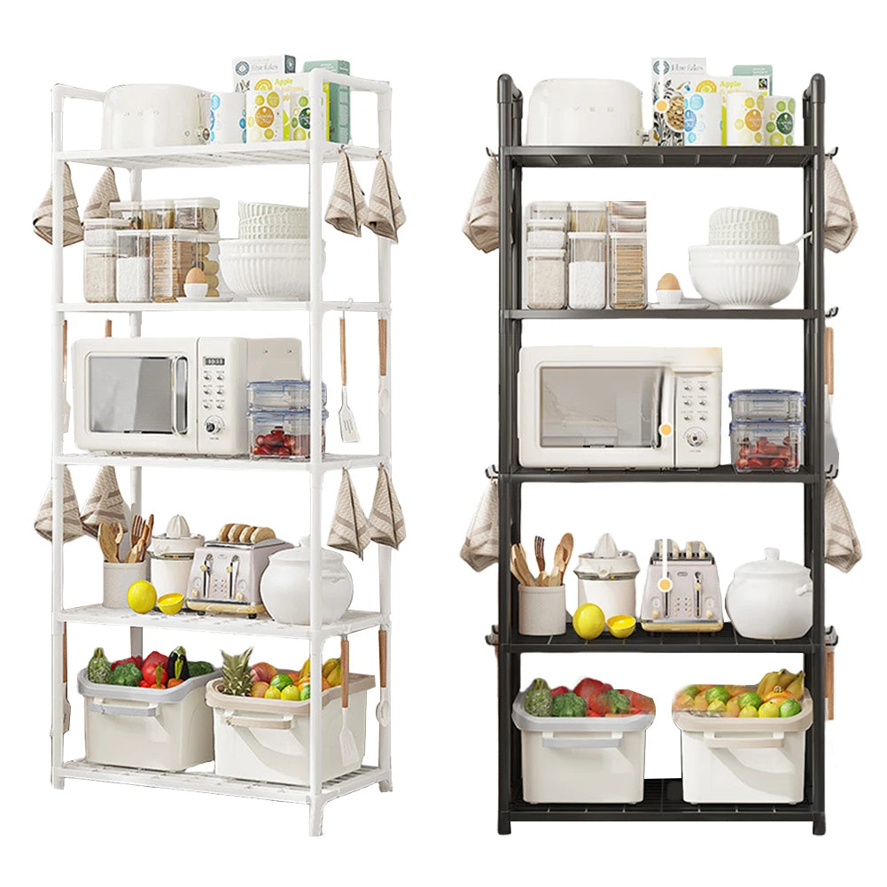 Two kitchen shelves with appliances and groceries on a white background