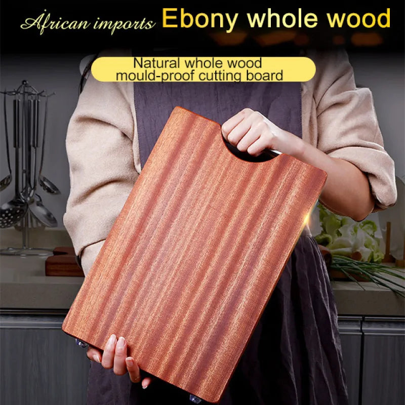 Person holding an ebony whole wood cutting board with text highlighting its features.