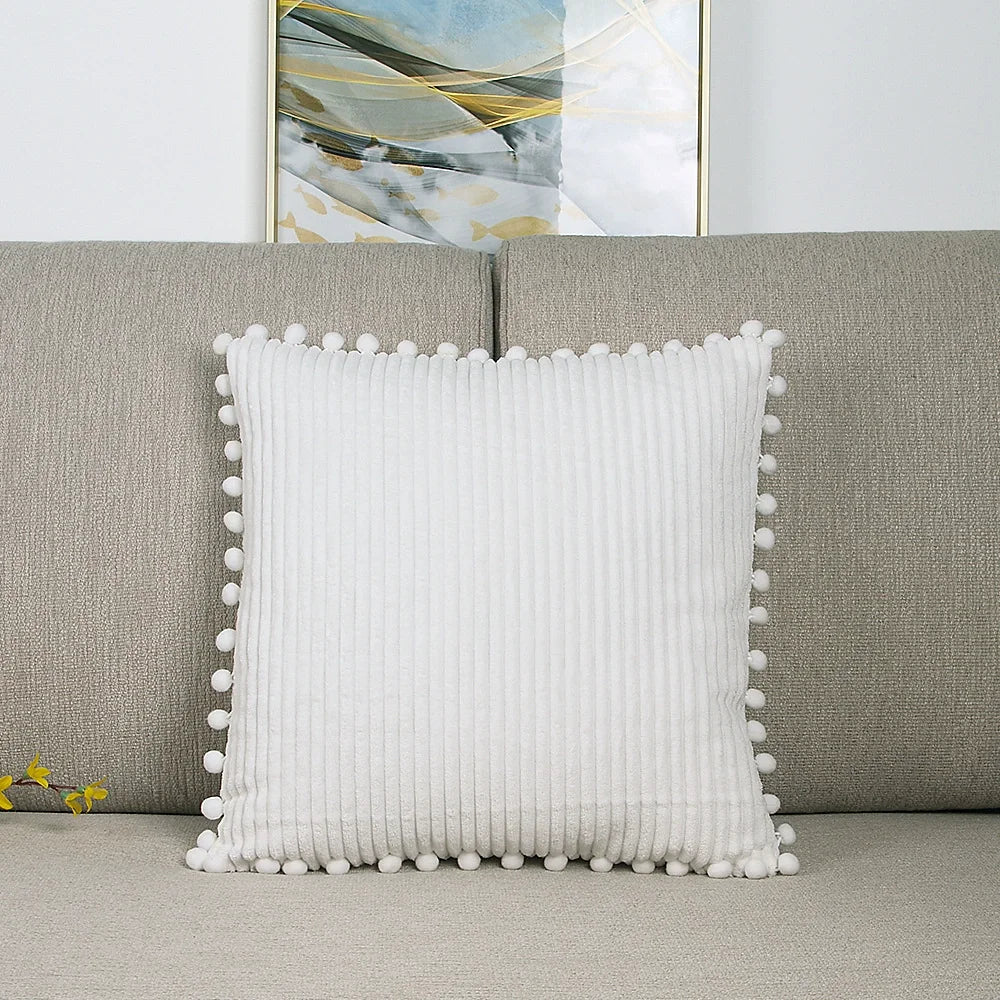 Corduroy Decorative Throw Pillow Covers with Pom Poms, Set of 2