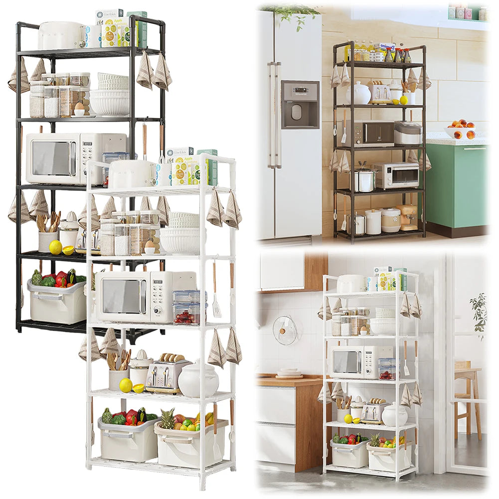 Multi-purpose shelving unit in various kitchen settings with appliances and groceries.