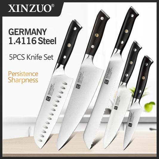Set of five knives with black handles on a white background, featuring the brand XINZUO.