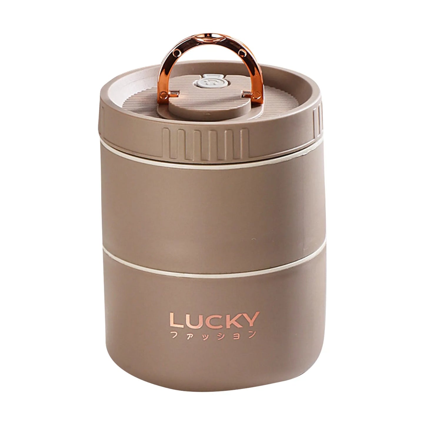 Beige thermos with rose gold handle on a white background