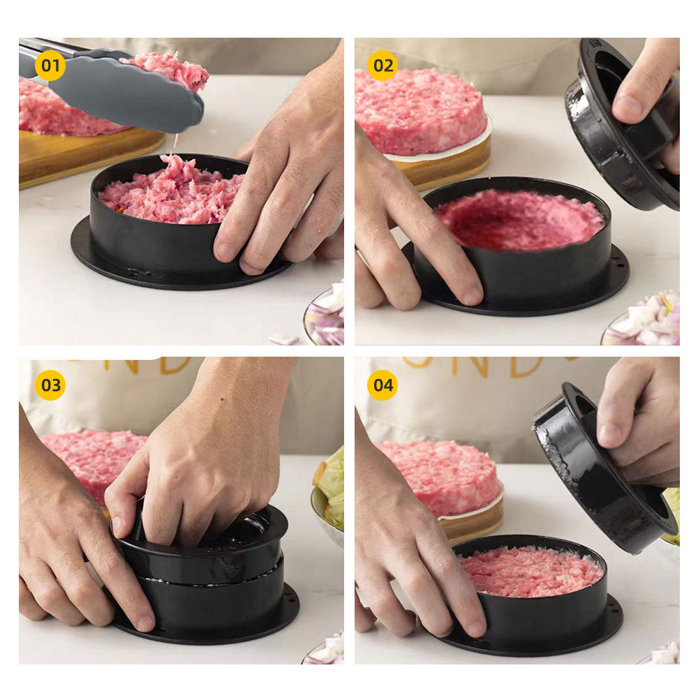 Step-by-step process of using a meat grinder to make ground meat.