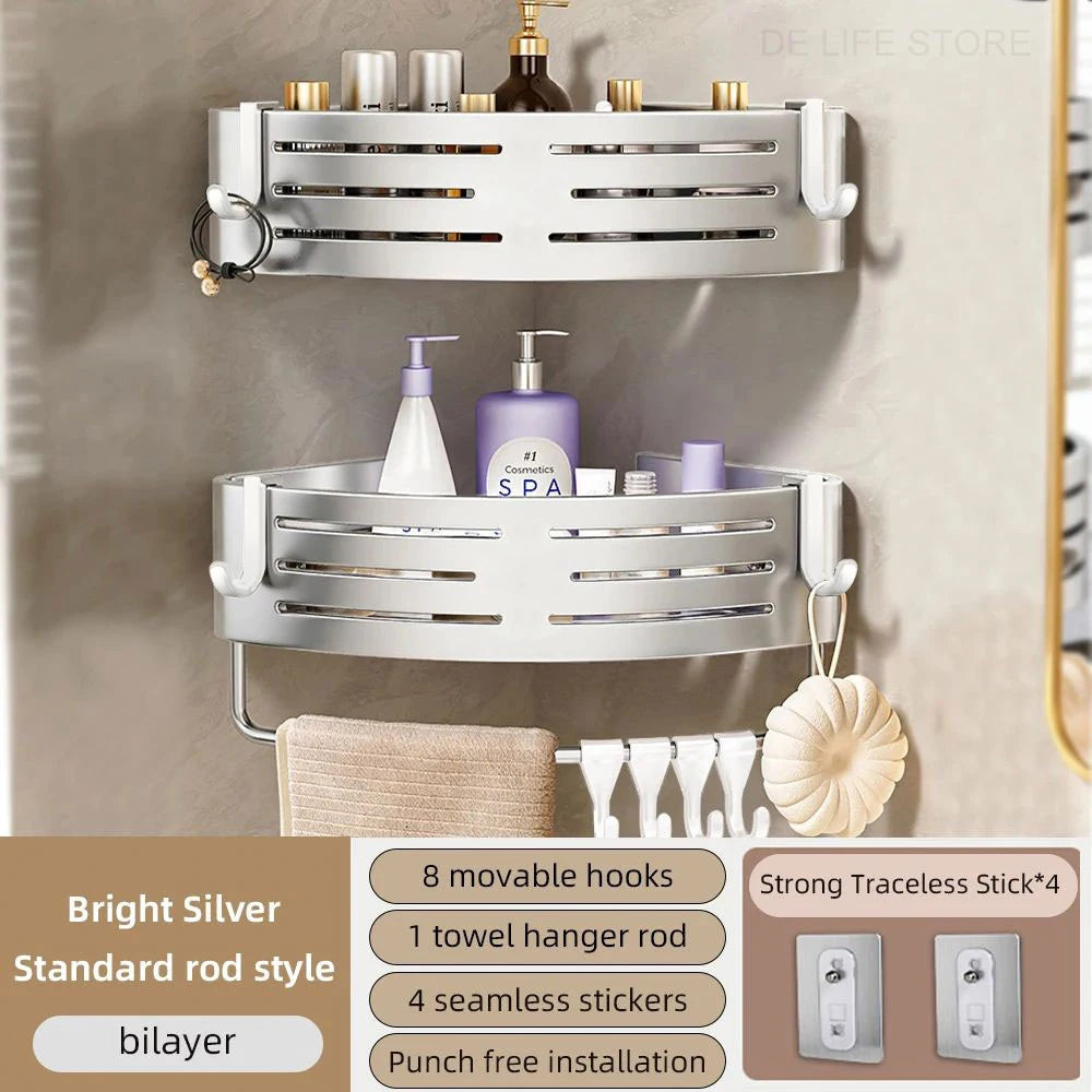 Bathroom Corner Shelf with Towel Bar, No-Drill Aluminum Storage Rack