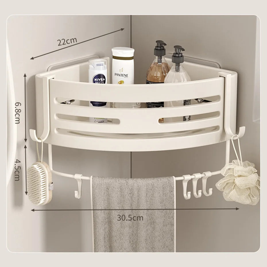 Corner shower caddy with measurements on a gray background